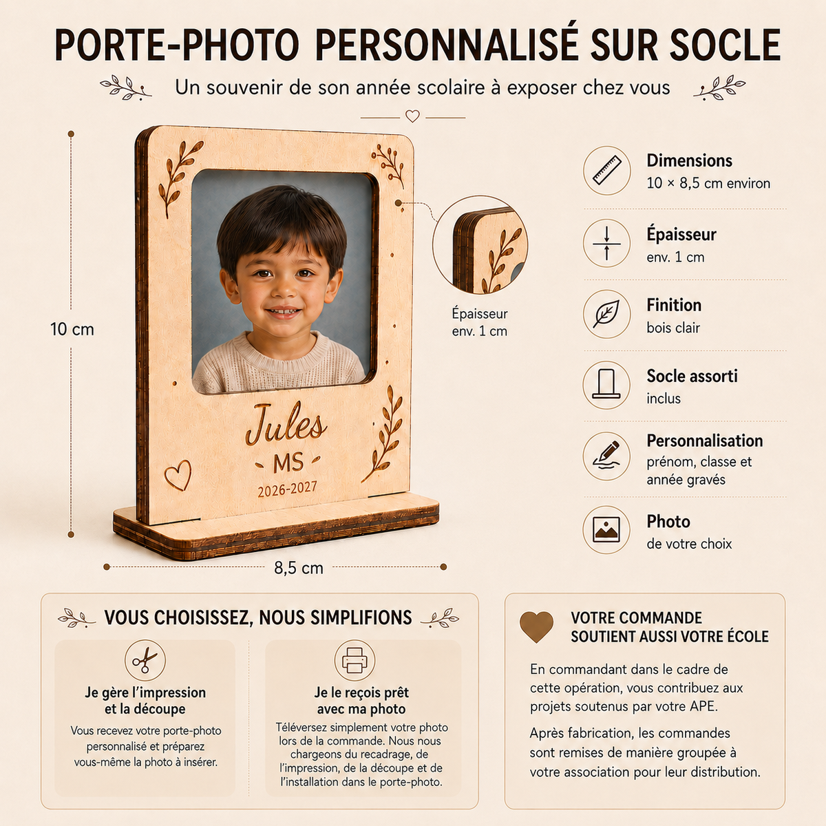 Porte-photo scolaire personnalisé sur socle