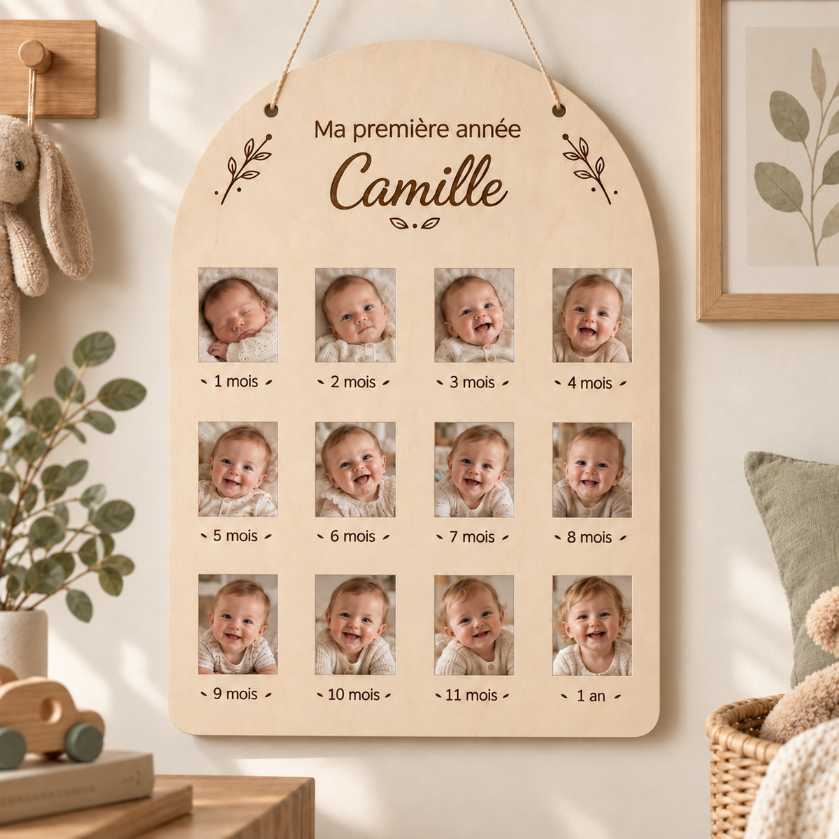 Tableau photo première année bébé personnalisé en bois