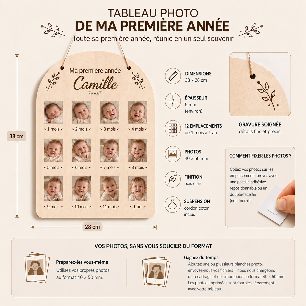 Tableau photo première année bébé personnalisé en bois