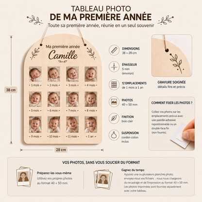 Tableau photo première année bébé personnalisé en bois