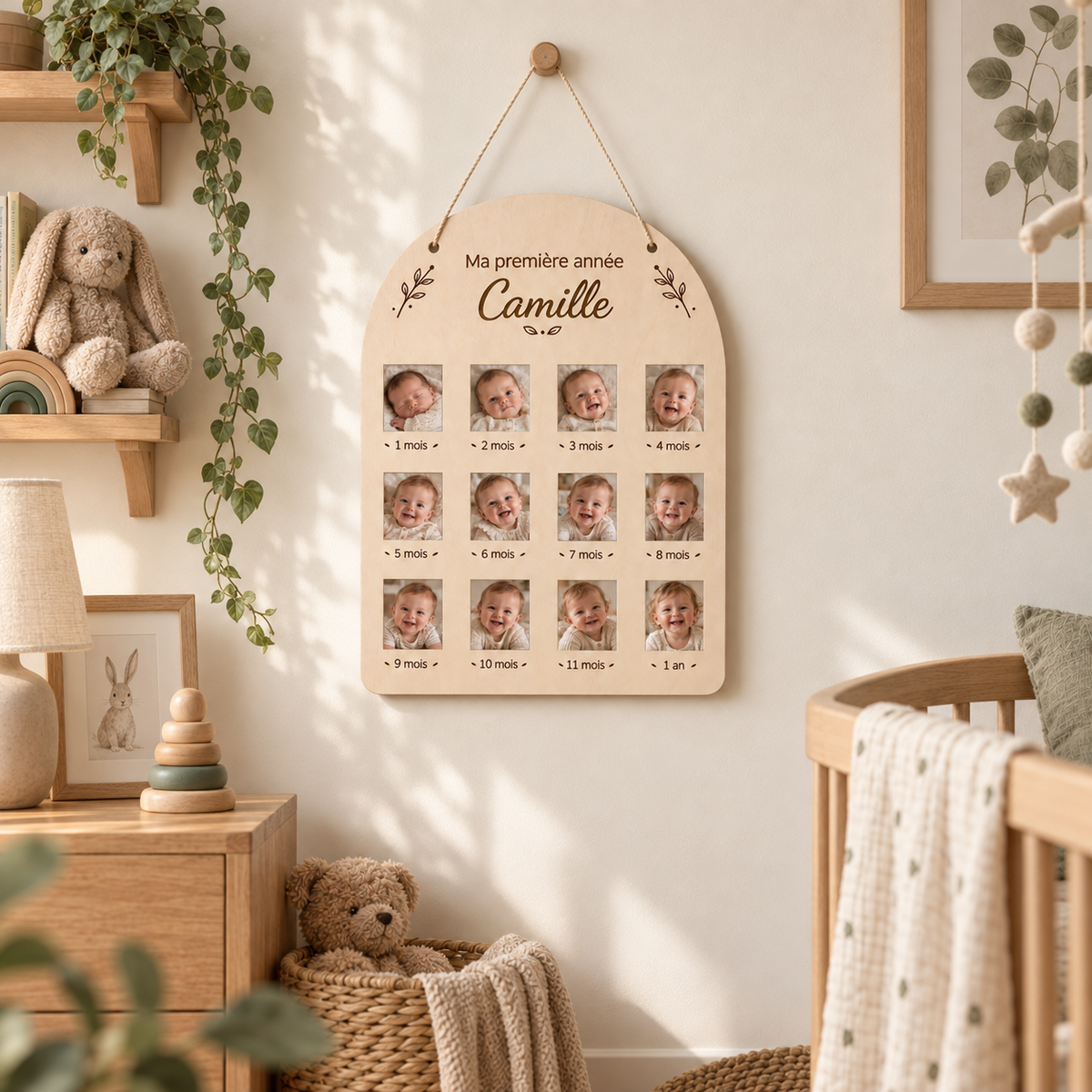 Tableau photo première année bébé personnalisé en bois