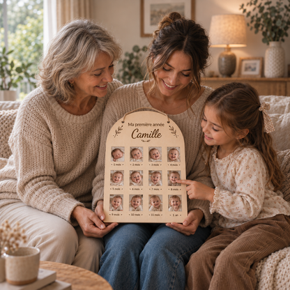 Tableau photo première année bébé personnalisé en bois