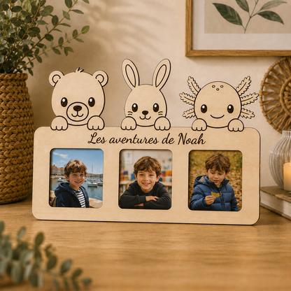 Cadre photo enfant personnalisé – 3 photos & animaux au choix
