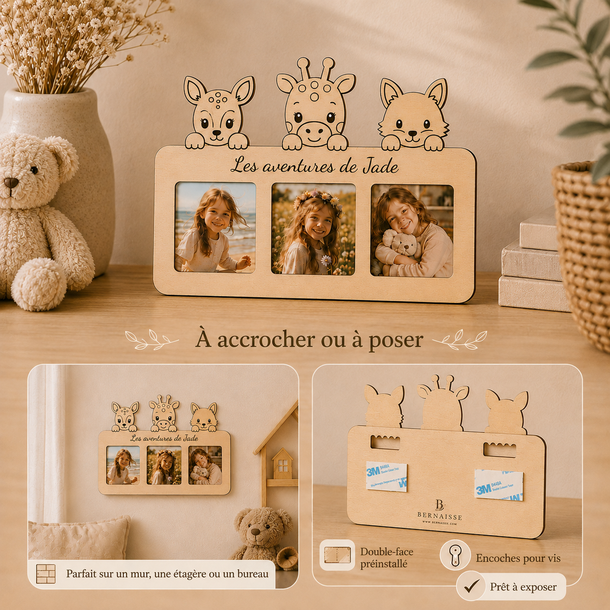 Cadre photo enfant personnalisé – 3 photos & animaux au choix