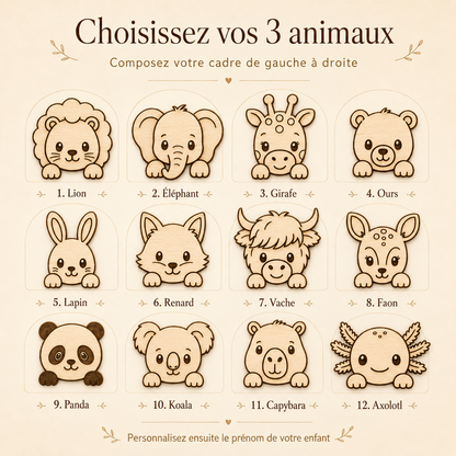 Cadre photo enfant personnalisé – 3 photos & animaux au choix