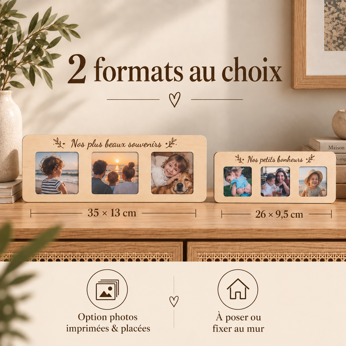 Cadre photo personnalisé en bois – 3 photos et texte gravé