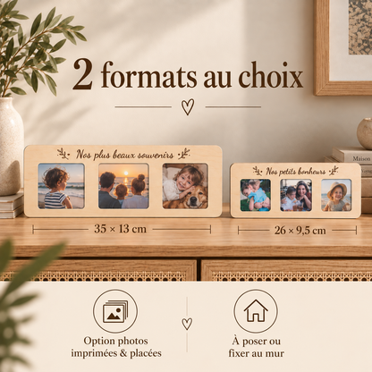 Cadre photo personnalisé en bois – 3 photos et texte gravé